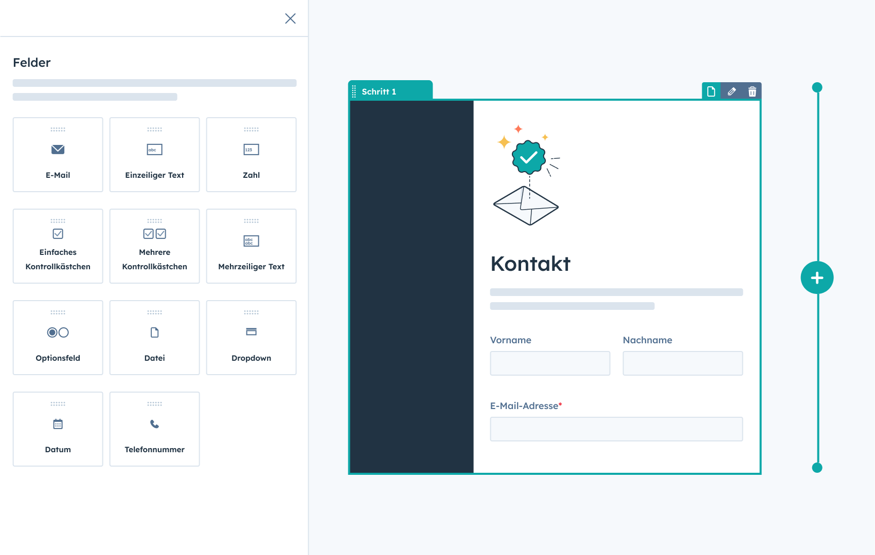 Screenshot des HubSpot Formular-Editors mit einem Kontaktformular. Links sind verschiedene Formularfelder wie E-Mail, Textfelder, Kontrollkästchen, Dropdowns und Datumsauswahl sichtbar. Rechts eine Vorschau des Formulars mit Feldern für Vorname, Nachname und E-Mail-Adresse. Oben ist ‘Schritt 1’ als Fortschrittsanzeige markiert.