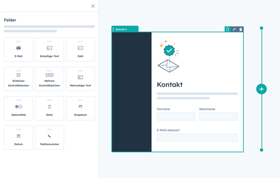 Screenshot des HubSpot Formular-Editors mit einem Kontaktformular. Links sind verschiedene Formularfelder wie E-Mail, Textfelder, Kontrollkästchen, Dropdowns und Datumsauswahl sichtbar. Rechts eine Vorschau des Formulars mit Feldern für Vorname, Nachname und E-Mail-Adresse. Oben ist ‘Schritt 1’ als Fortschrittsanzeige markiert.