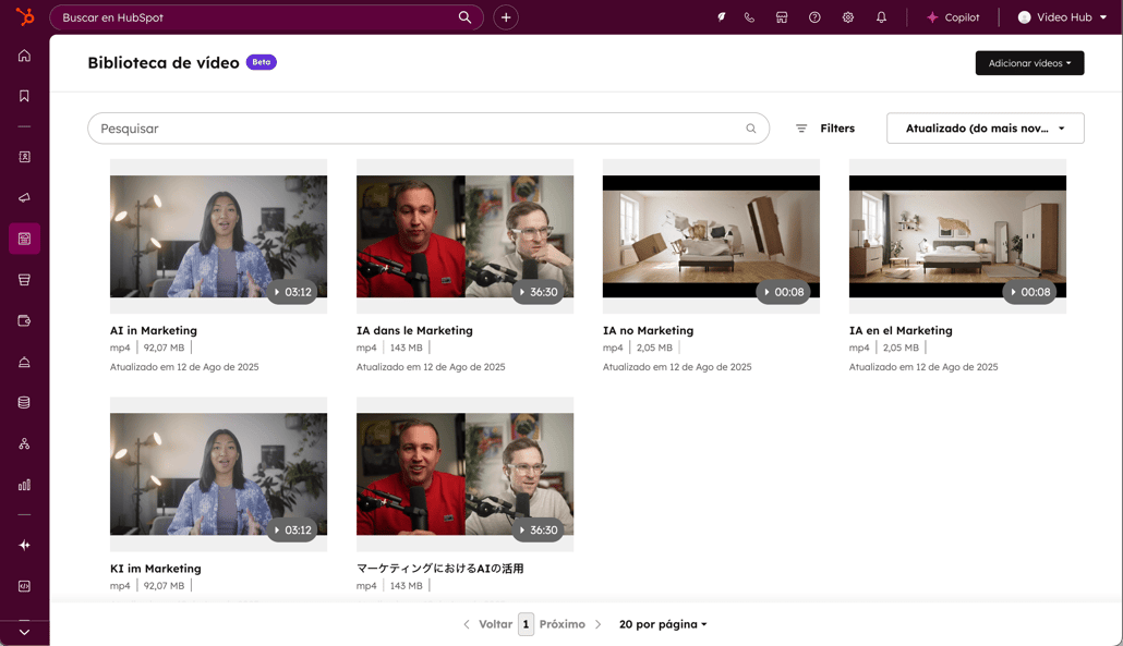 Captura de tela da biblioteca de marketing em vídeo da HubSpot
