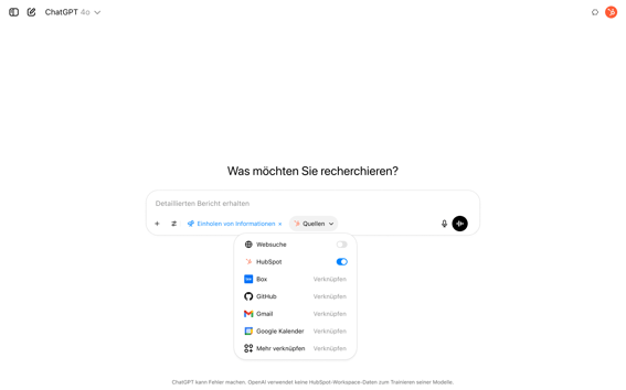 Screenshot von ChatGPT mit aktivierter Deep-Research-Suche und HubSpot als Quelle