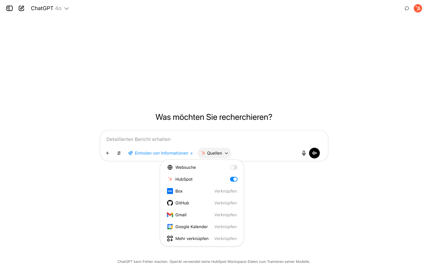 Screenshot von ChatGPT mit aktivierter Deep-Research-Suche und HubSpot als Quelle