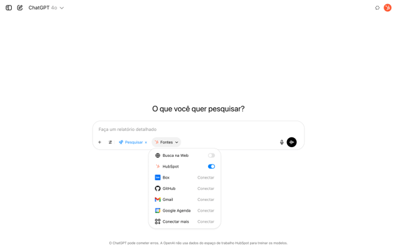 Captura de tela do ChatGPT com pesquisa avançada habilitada e a HubSpot habilitado como fonte