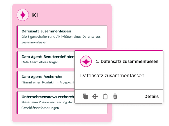 HubSpot Breeze-KI-Interface mit auswählbaren Aktionen wie Datensatz zusammenfassen, Data Agent und Unternehmensrecherche