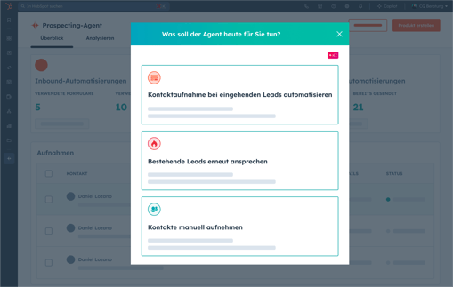 HubSpot-Benutzeroberfläche mit den verschiedenen Funktionen des KI-gestützten Prospecting Agent: Automatisieren Sie die Kontaktaufnahme mit Inbound-Leads, sprechen Sie bestehende Leads erneut an oder nehmen Sie einen Kontakt manuell auf.