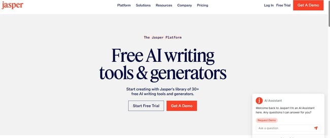 Jasper AI landing page, Top AI tools for content writing