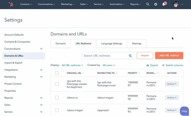 page load time, importing redirects into hubspot]