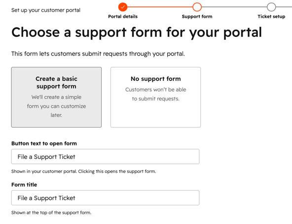 formulário de suporte do portal do cliente
