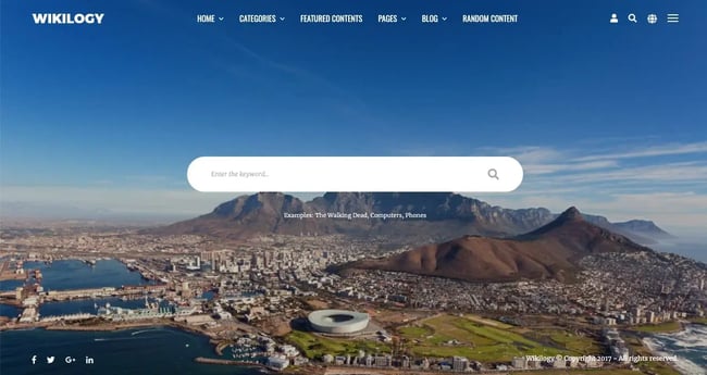 Knowledge Base website with full image background created with Wikilogy theme for WordPress