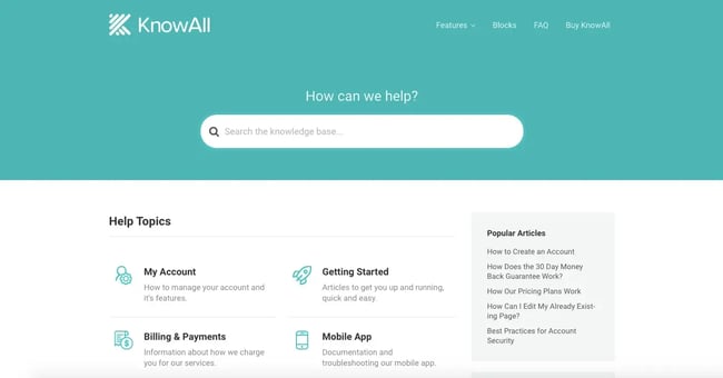 Knowledge base homepage created with the KnowAll Theme for WordPress