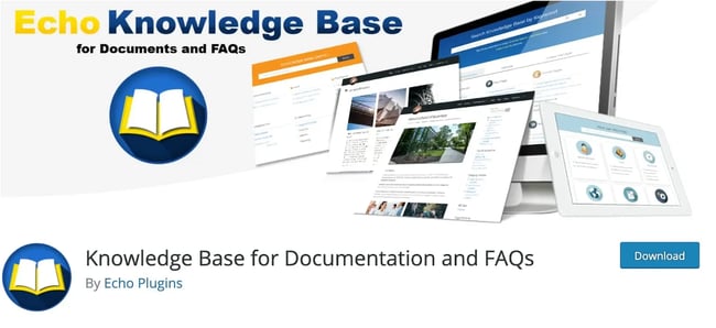 Yellow and white book logo on blue gradient background with various web screens for Knowledge base FAQ plugin by Echo Plugins