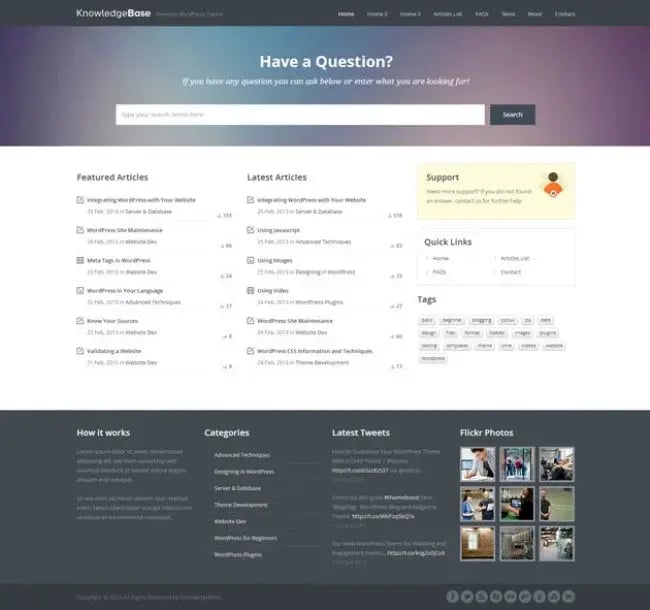 Wiki site with a search bar, featured articles, Flickr image gallery, and embedded Twitter feed created with the KnowledgeBase theme for WordPress