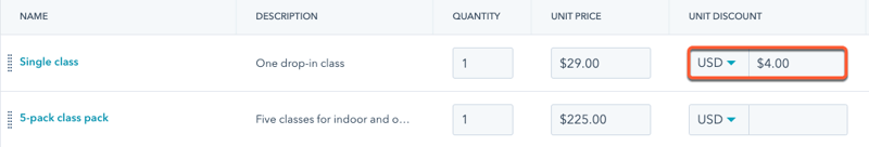 Example of a unit discount applied to a line item on a HubSpot invoice, showing the original price, discount amount, and final price.