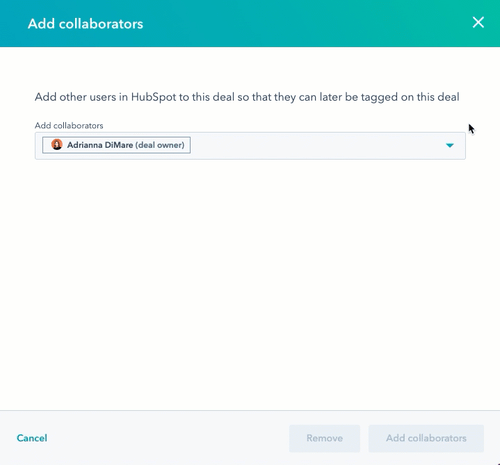 GIF displaying the deal collaborators panel in HubSpot. The user clicks a dropdown menu to select a few users, then clicks Add collaborators.