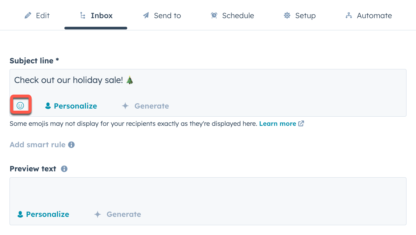 Screenshot of the Inbox tab of the email editor, with the emoji button beneath the Subject line field highlighted.