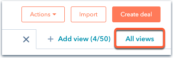 screenshot of the upper right corner of the CRM > Deals index page. The all views button is highlighted with an orange border.