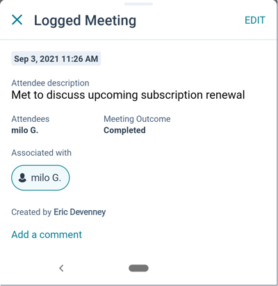 Android HubSpot mobile app is displayed. A logged meeting is shown with description, association to "milo G." and outcome are visible.