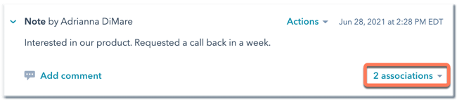a Note activity is displayed. the text of the note, date logged, and associations are visible.