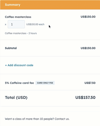 A GIF showing a customer adjusting product quantity and reviewing their order summary on a HubSpot checkout page.