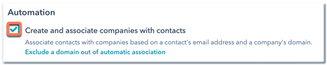 A HubSpot automation setting for 'Create and associate companies with contacts'. The checkbox is highlighted, indicating the setting is toggled on to associate contacts with companies based on email domain.