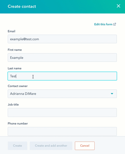 GIF displaying the create contact panel. The user enters various details then selects the checkbox to make it a marketing contact.