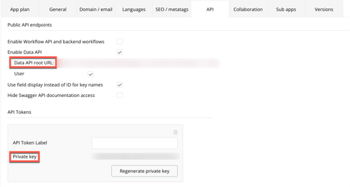 Captura de tela mostrando como recuperar o Domínio raiz da API de dados e a chave privada no Bubble.