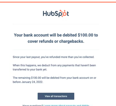 HubSpot 因退款或扣款而向银行账户扣款的电子邮件通知。