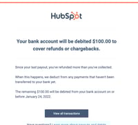 HubSpot email notification for a debit to the bank account due to refunds or chargebacks.