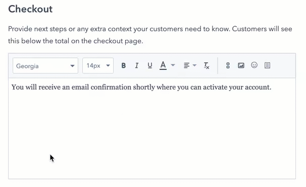 An animated GIF showing text being formatted in the Checkout description rich text editor for a payment link.