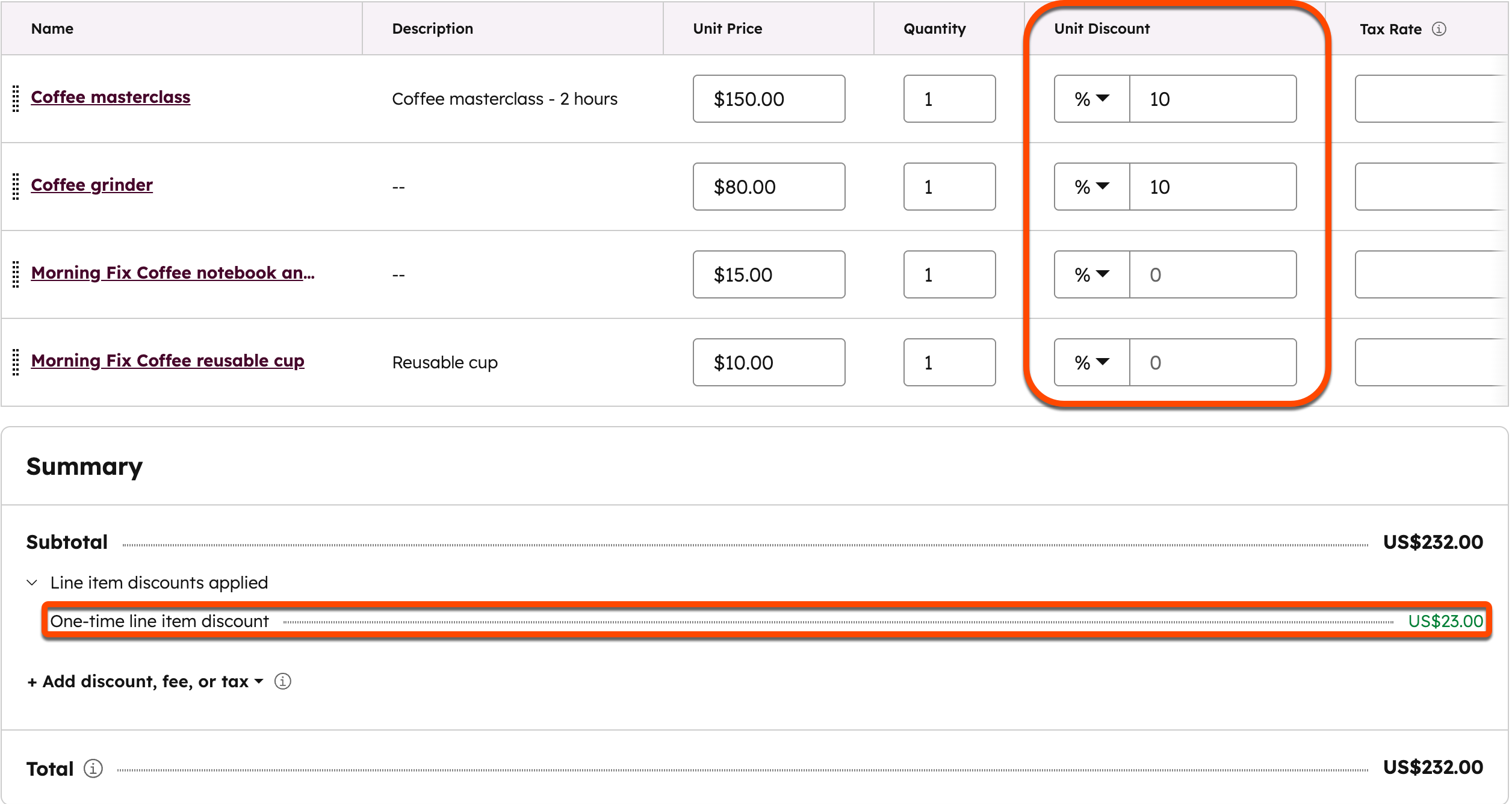 Screenshot einer HubSpot-Rechnung mit einem Einheitenrabatt, der im Artikel-Editor auf einen Artikel angewendet wird.