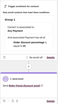 Richten Sie einen HubSpot-Workflow Aufnahmetrigger basierend auf dem Zahlung Eigenschaft "Bestellrabattprozentsatz" ein.