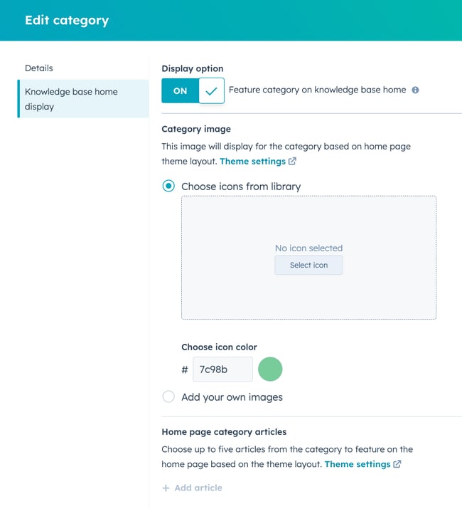A screen for editing a knowledge base categories settings. The left sidebar has "Details", and below it, "Knowledge base home display" is highlighted. The main content area shows a "Display option" section with a toggle switched "ON" and a checkbox for "Feature category on knowledge base home." Below this, under "Category image," there's a radio button "Choose icons from library" selected, displaying a dotted box with "No icon selected" and a "Select icon" button. Further down, "Choose icon color" with a color picker or hex code input. Below this, there's a radio button for "Add your own images." Finally, under "Homepage category articles," there's a "+ Add article" link.
