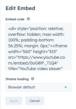In the content editor, the pop-up box is displayed for an embedded media file in the rich text module. The Embed code field and the Iframe loading dropdown menu options are included.