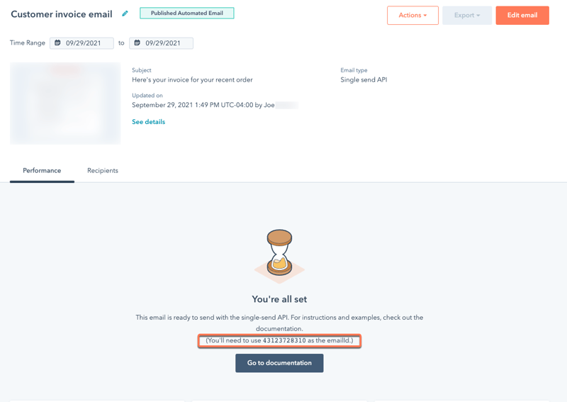 Screenshot of the email performance page, with the email ID highlighted at the bottom of the page.