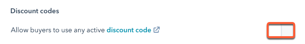 The 'Discount codes' toggle switch in the payment link settings, shown in the on position.
