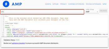 The AMP validator page is displayed. A box is placed around the URL field.