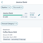 A mobile UI showing a sales forecast for Jessica Geist. It displays her progress of $1,200 towards a $1,500 goal, with a forecast of $100. Below, a Closed won deal for Coffee Beans Bulk for $1,200 is shown