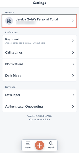 Menu options to switch accounts in the iOS HubSpot mobile app