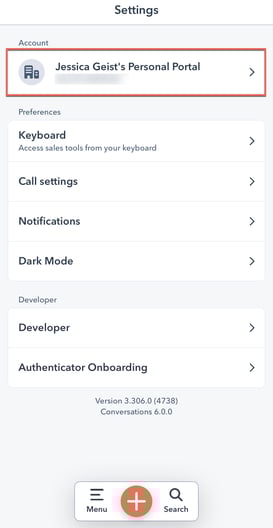 Menu options to switch accounts in the iOS HubSpot mobile app