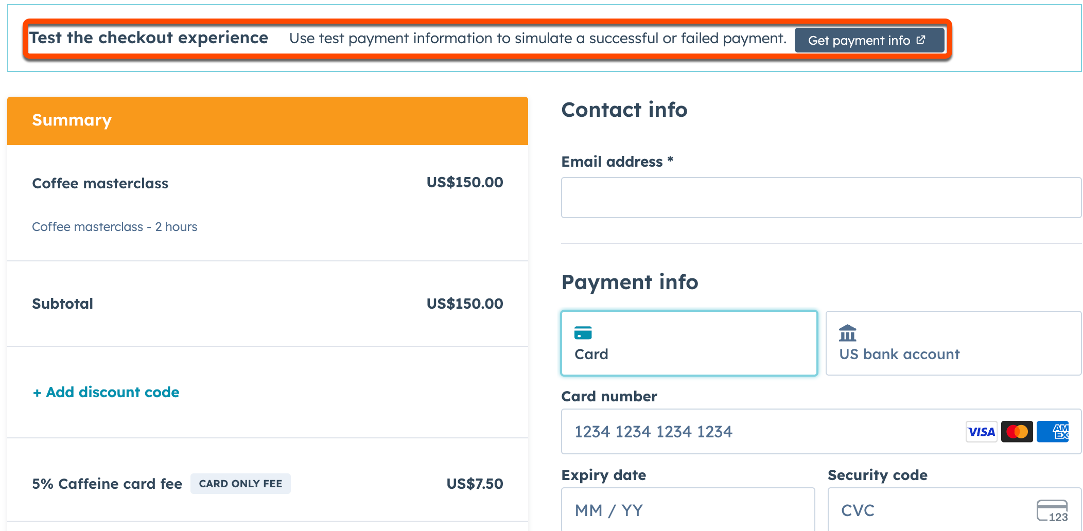 A screenshot of a checkout page with a banner at the top indicating 'This is a test checkout'.