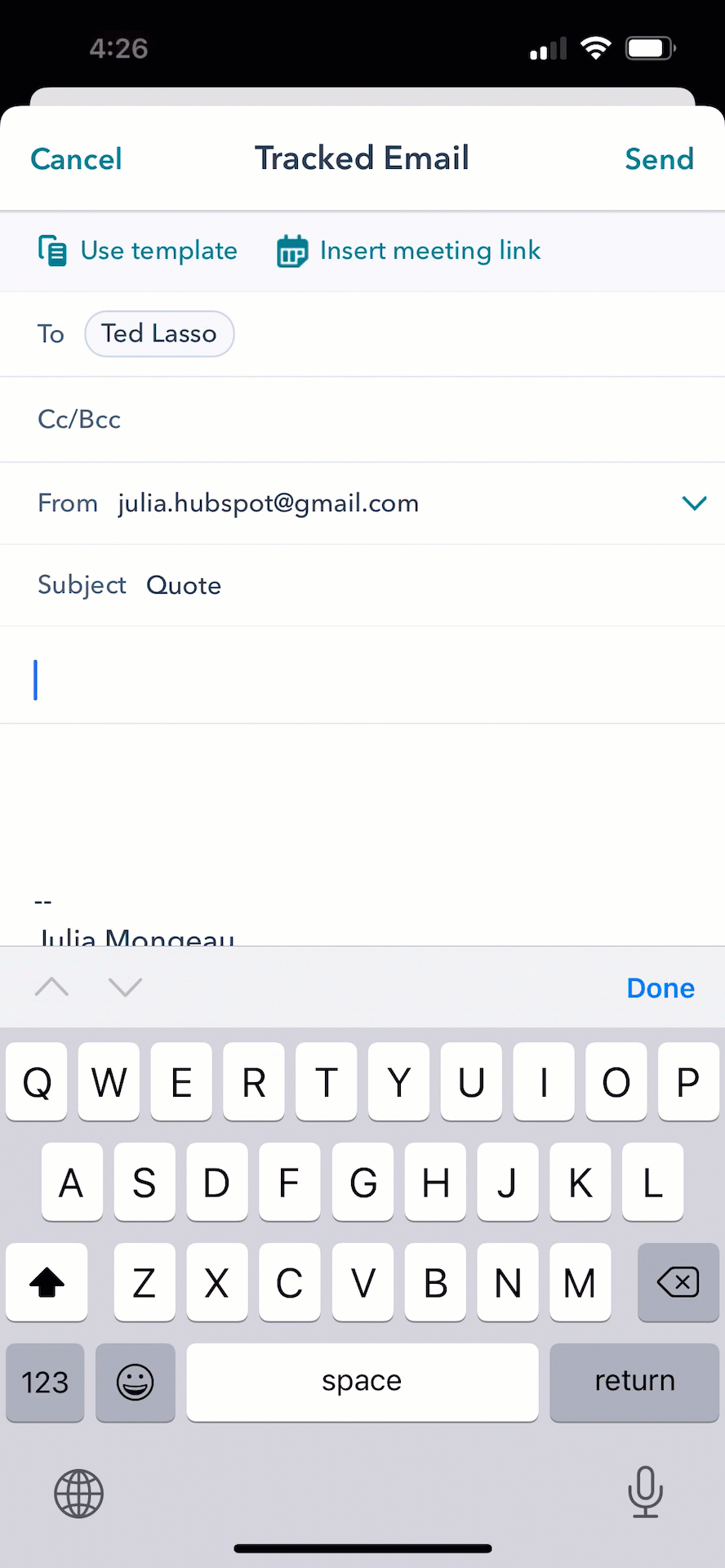 Animated GIF showing how to insert a quote link using the HubSpot mobile keyboard in a messaging app.