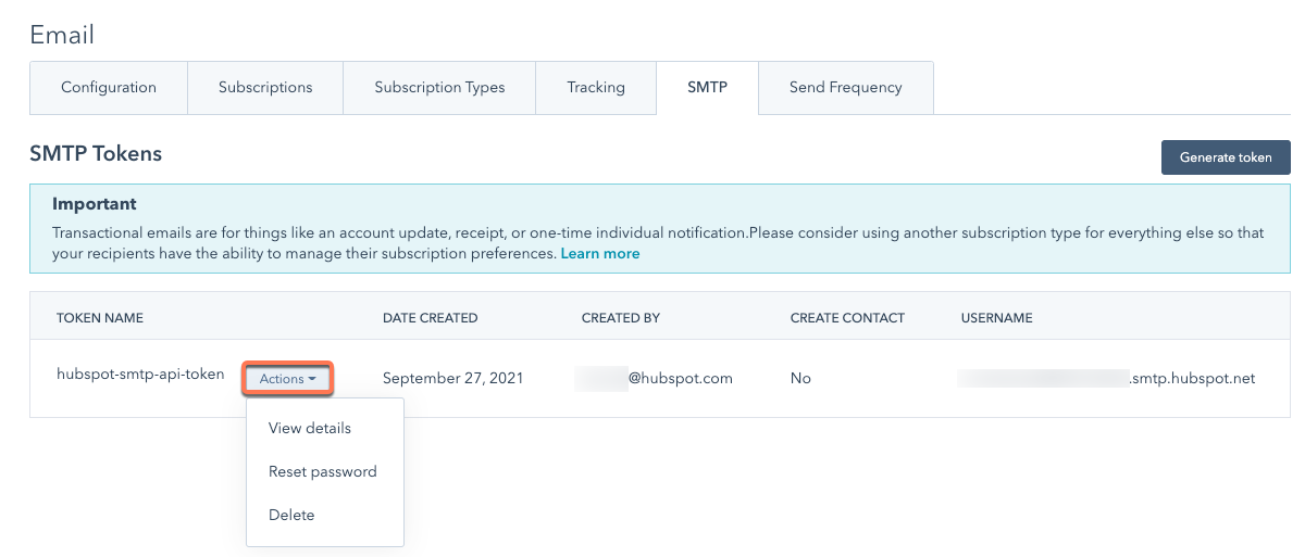 Screenshot of the email SMTP settings page, with the Actions dropdown menu highlighted next to an SMTP token.
