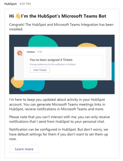 screenshot of the welcome message HubSpot will send once the user has been mapped.