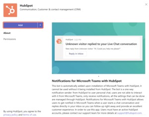 screenshot showing how to add the HubSpot app to your Microsoft Teams account.