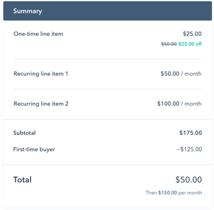 HubSpot checkout screen showing where a buyer enters a discount code and sees the applied discount in the order summary.