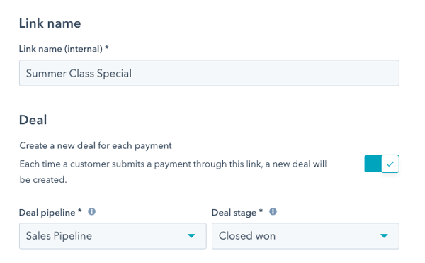 Settings in the payment link editor to automatically create a new deal, with dropdowns for Deal pipeline and Deal stage.