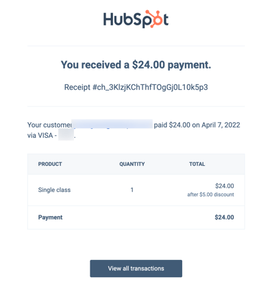 确认通过 HubSpot 成功付款的电子邮件通知。