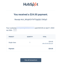 Email notification confirming a successful payment received through HubSpot.