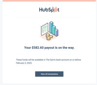 HubSpot payout notification email summarizing the daily total payout amount.