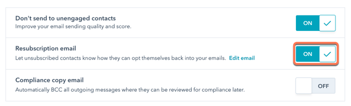 Toggling the resubscription email switch on in HubSpot's email subscription settings.