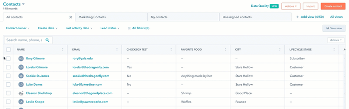 GIF displaying a contact index page. The user selects a few contacts, clicks a button to set contacts as marketing, and confirms in the dialog box.